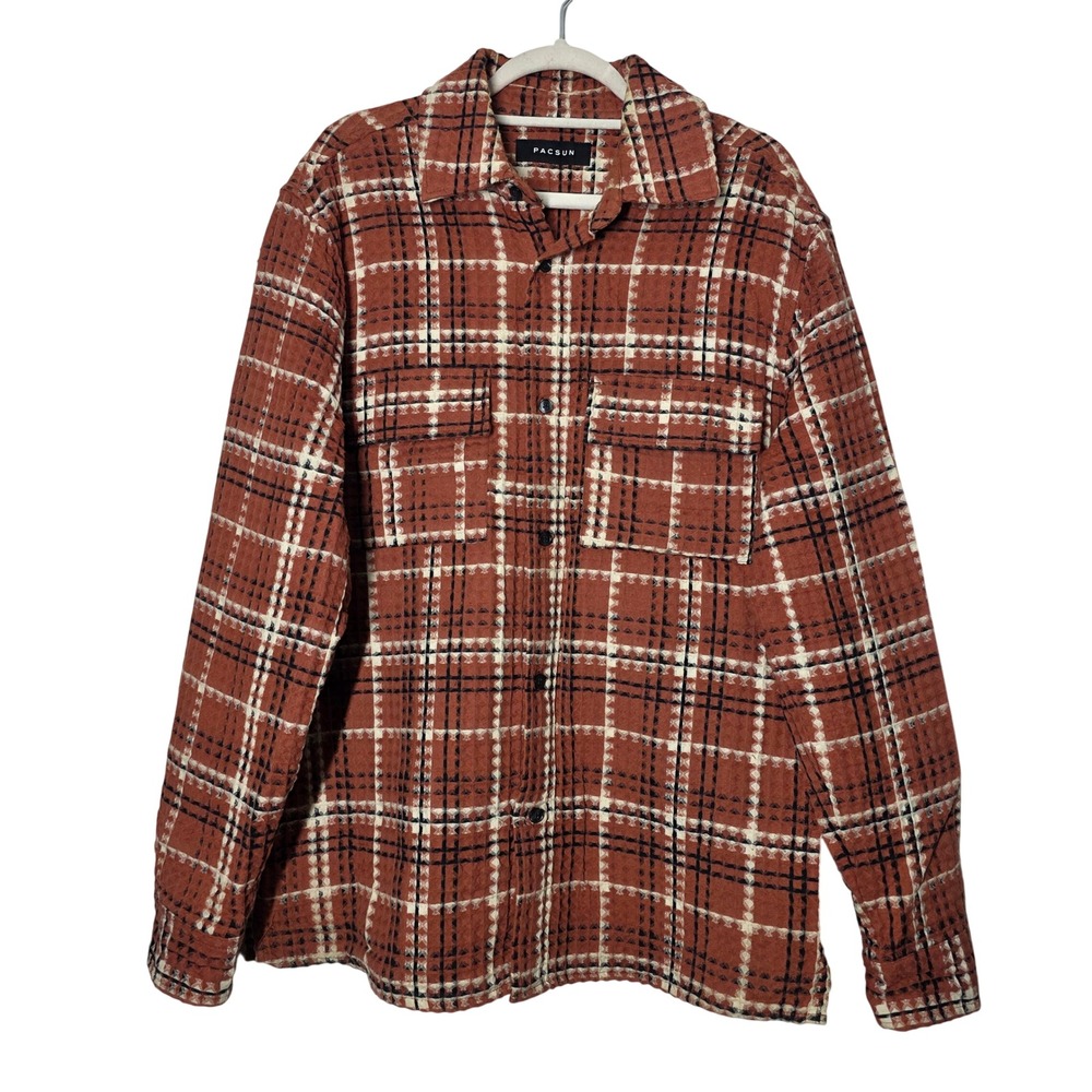 PacSun Mens Waffle Knit Plaid Flannel Shirt Rust Orange Size M Streetwear Skater